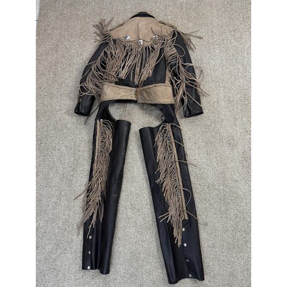 VTG UNIK Jacket Womens Medium Black Tan Leather Fringe Western Motorcycle Chaps - Picture 10 of 16